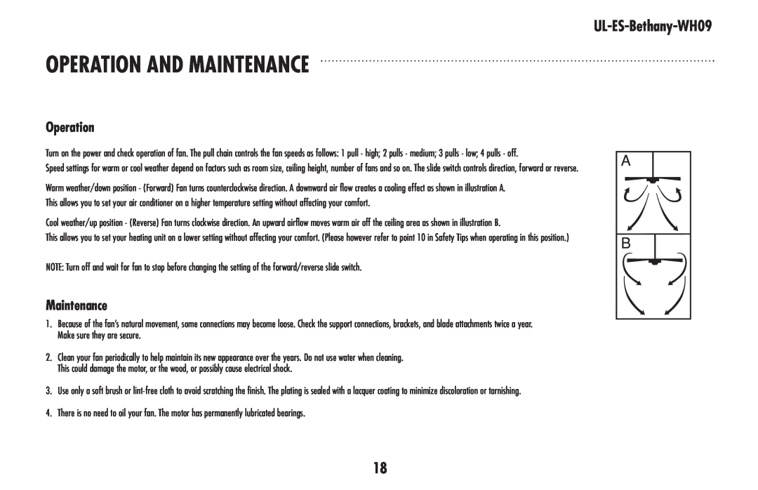 Westinghouse ul-es-bethany-who9 owner manual Operation And Maintenance, UL-ES-Bethany-WH09 